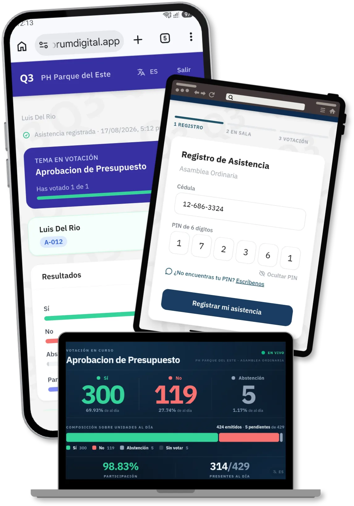 Quorum3 en teléfono, tablet y laptop: registro de asistencia, votación del propietario y tablero de resultados en vivo